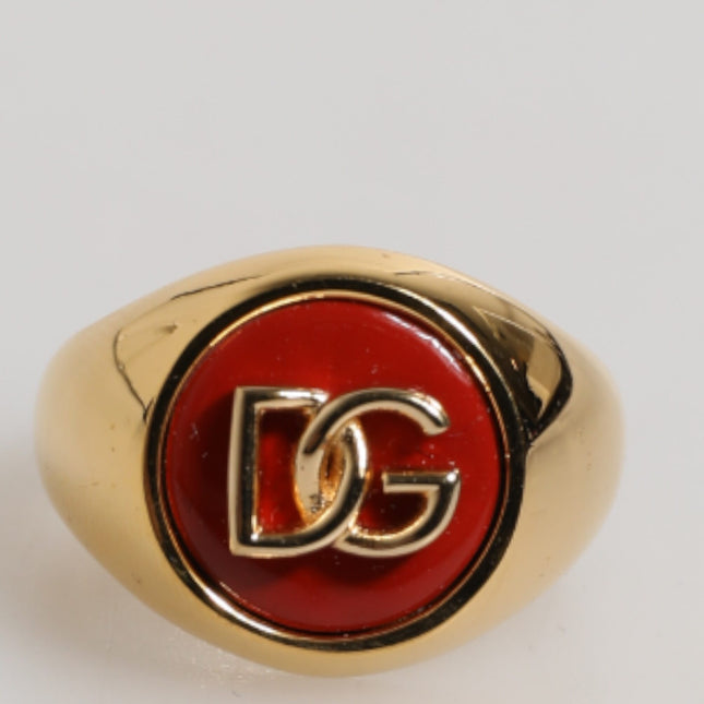 Dolce & Gabbana Gold Tone Real Brass Red DG Logo Men Ring