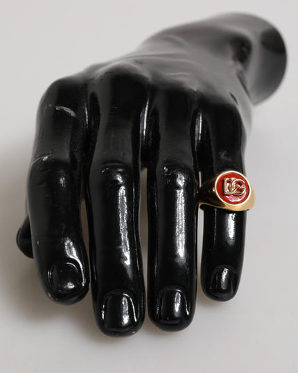 Dolce & Gabbana Gold Tone Real Brass Red DG Logo Men Ring