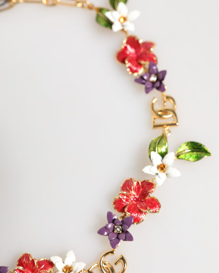 Dolce & Gabbana Gold Brass Logo Detail Floral Fashion Jewelry Necklace