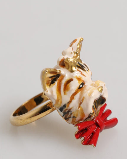 Dolce & Gabbana Gold Brass Resin Beige Dog Pet Accessory Ring