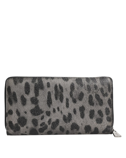 Dolce & Gabbana Black Gray Leopard Leather Zip Around Continental Wallet