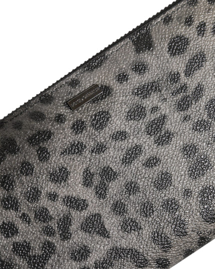 Dolce & Gabbana Black Gray Leopard Leather Zip Around Continental Wallet