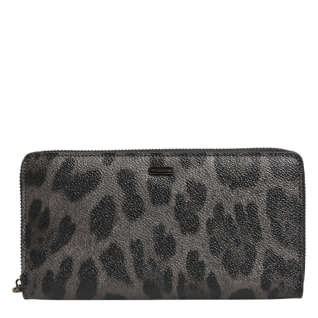 Dolce & Gabbana Black Gray Leopard Leather Zip Around Continental Wallet