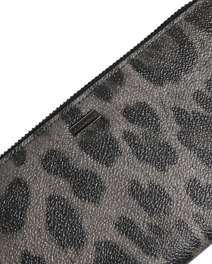 Dolce & Gabbana Black Gray Leopard Leather Zip Around Continental Wallet