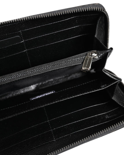 Dolce & Gabbana Black Gray Leopard Leather Zip Around Continental Wallet