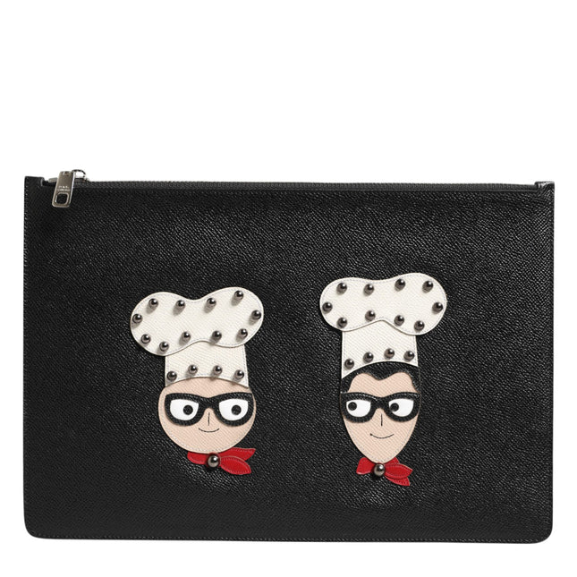 Dolce & Gabbana Black Leather #DGFAMILY Embellished Men Clutch Pouch Bag