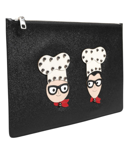 Dolce & Gabbana Black Leather #DGFAMILY Embellished Men Clutch Pouch Bag