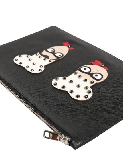 Dolce & Gabbana Black Leather #DGFAMILY Embellished Men Clutch Pouch Bag