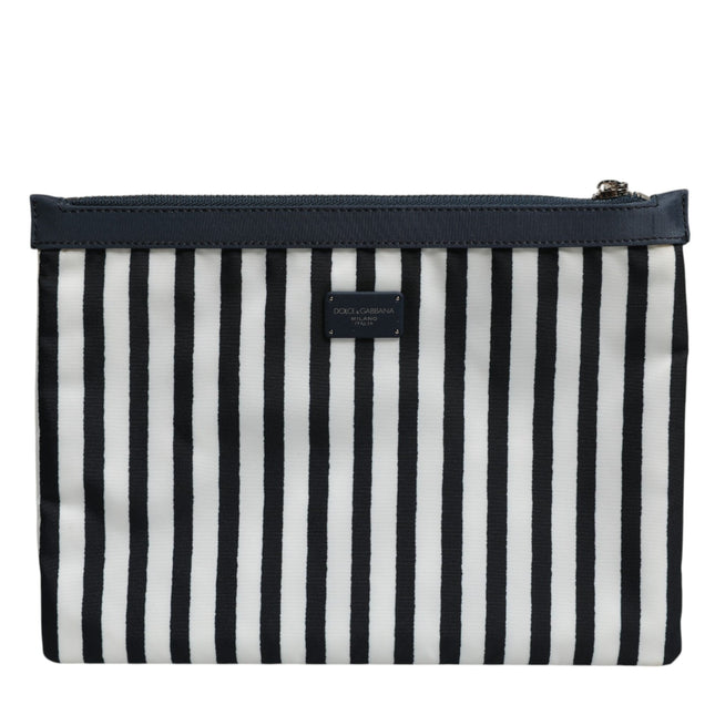 Dolce & Gabbana Black White Striped Logo Plaque Clutch Pouch Bag