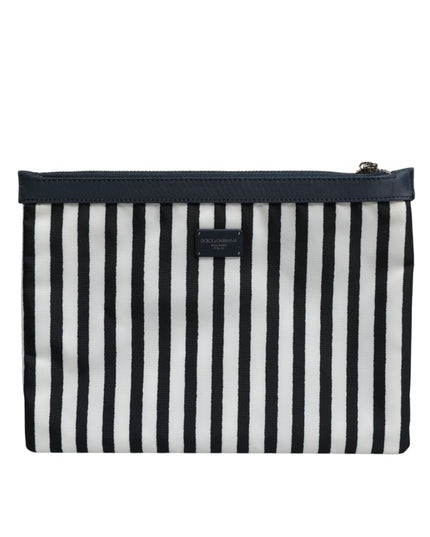 Dolce & Gabbana Black White Striped Logo Plaque Clutch Pouch Bag