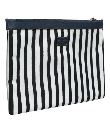 Dolce & Gabbana Black White Striped Logo Plaque Clutch Pouch Bag