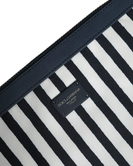 Dolce & Gabbana Black White Striped Logo Plaque Clutch Pouch Bag