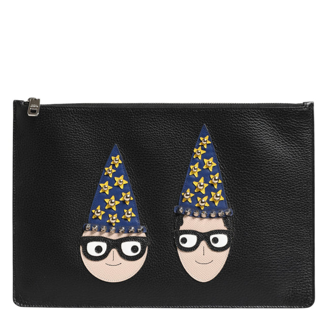Dolce & Gabbana Black Leather #DGFAMILY Embellished Men Clutch Pouch Bag