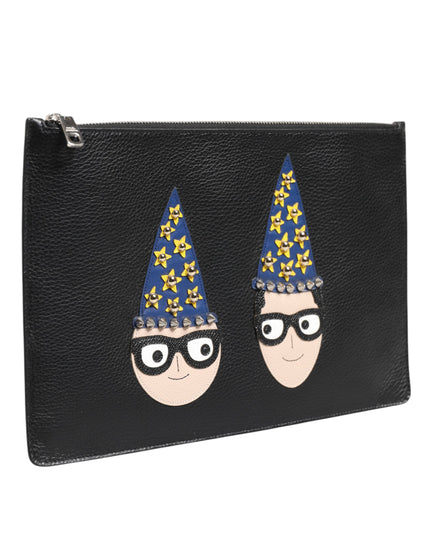 Dolce & Gabbana Black Leather #DGFAMILY Embellished Men Clutch Pouch Bag