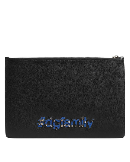 Dolce & Gabbana Black Leather #DGFAMILY Embellished Men Clutch Pouch Bag