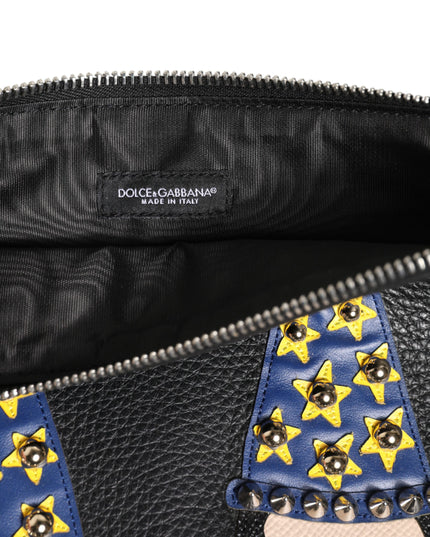 Dolce & Gabbana Black Leather #DGFAMILY Embellished Men Clutch Pouch Bag