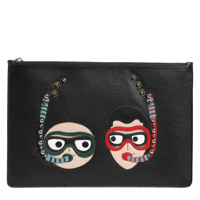 Dolce & Gabbana Black Leather #DGFAMILY Embellished Men Clutch Pouch Bag