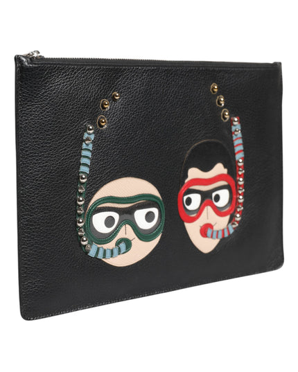 Dolce & Gabbana Black Leather #DGFAMILY Embellished Men Clutch Pouch Bag