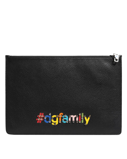 Dolce & Gabbana Black Leather #DGFAMILY Embellished Men Clutch Pouch Bag