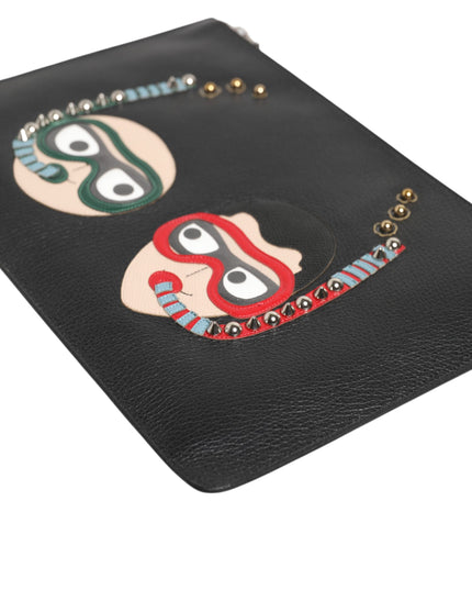 Dolce & Gabbana Black Leather #DGFAMILY Embellished Men Clutch Pouch Bag