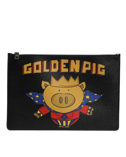 Dolce & Gabbana Black Leather Golden Pig Print Men Clutch Pouch Borse Bag
