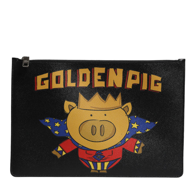 Dolce & Gabbana Black Leather Golden Pig Print Men Clutch Pouch Borse Bag