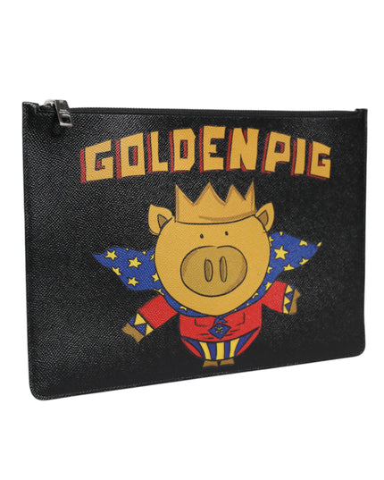 Dolce & Gabbana Black Leather Golden Pig Print Men Clutch Pouch Borse Bag
