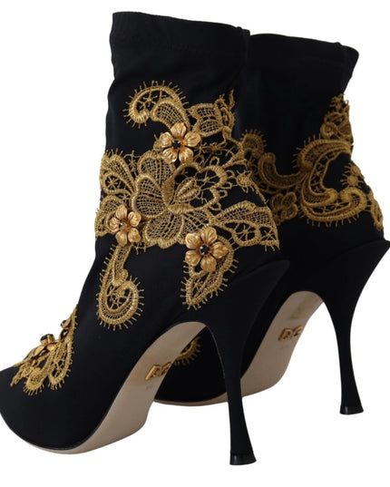 Dolce & Gabbana Black Gold Embroidery Crystal Boots Shoes