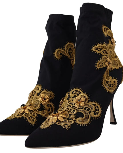 Dolce & Gabbana Black Gold Embroidery Crystal Boots Shoes
