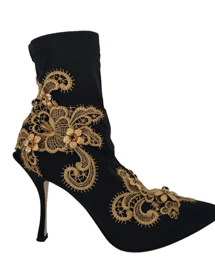 Dolce & Gabbana Black Gold Embroidery Crystal Boots Shoes