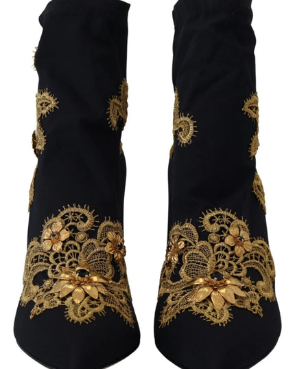 Dolce & Gabbana Black Gold Embroidery Crystal Boots Shoes