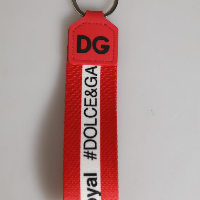 Dolce & Gabbana Red Logo Polyester Silver Brass Holder Keychain Men Keyring