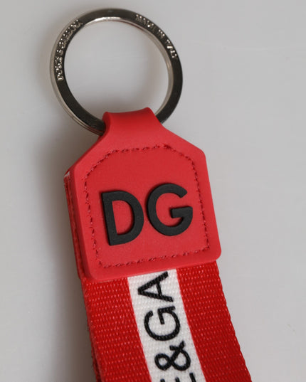 Dolce & Gabbana Red Logo Polyester Silver Brass Holder Keychain Men Keyring
