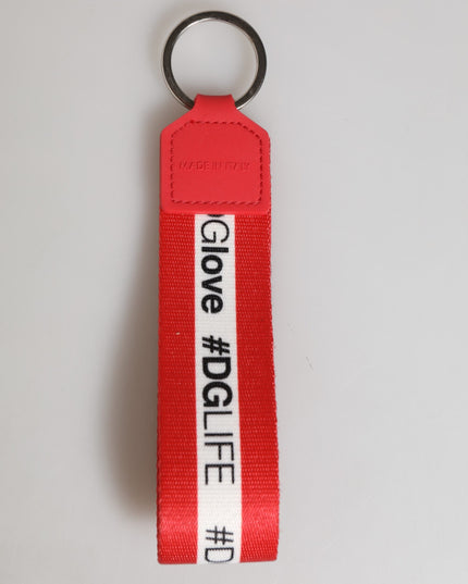 Dolce & Gabbana Red Logo Polyester Silver Brass Holder Keychain Men Keyring