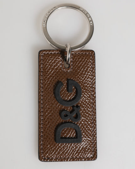 Dolce & Gabbana Dark Brown Leather Logo Metal Ring Keychain Holder Keyring