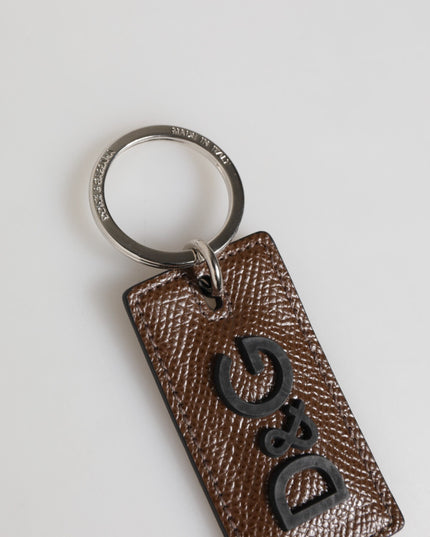 Dolce & Gabbana Dark Brown Leather Logo Metal Ring Keychain Holder Keyring