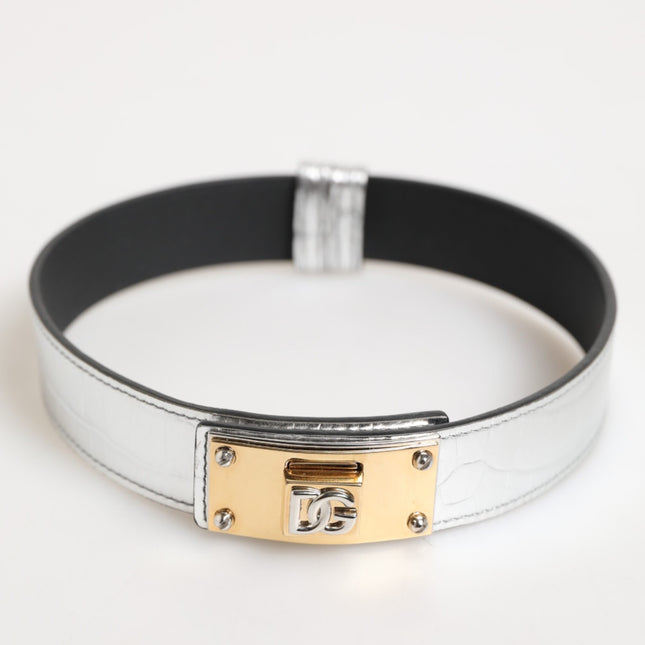 Dolce & Gabbana Silver Textured Leather Gold Tone Metal Neckband