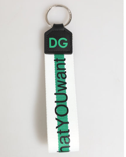 Dolce & Gabbana Green Logo Polyester Silver Brass Holder Keychain Keyring