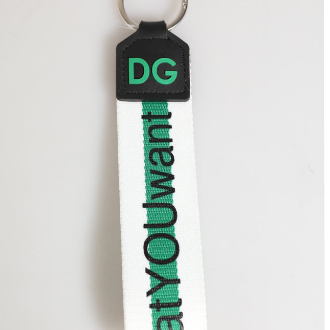 Dolce & Gabbana Green Logo Polyester Silver Brass Holder Keychain Keyring