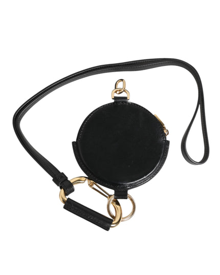 Dolce & Gabbana Black Round Leather DG Logo Coin Purse Lanyard Wallet