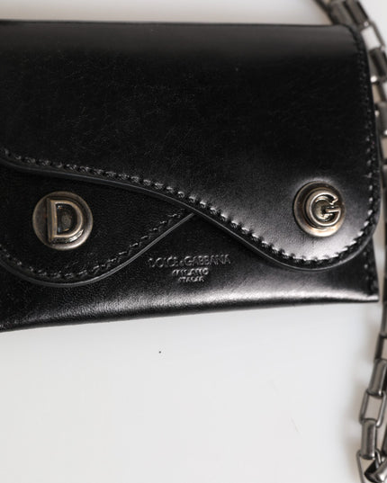 Dolce & Gabbana Black Cavallo Leather Wallet Chain Snap Bifold Card Holder