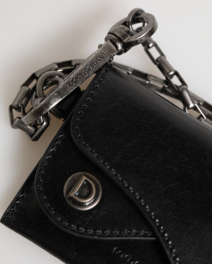 Dolce & Gabbana Black Cavallo Leather Wallet Chain Snap Bifold Card Holder