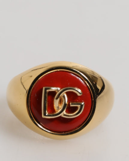 Dolce & Gabbana Gold Tone Real Brass Round Red DG Logo Men Ring