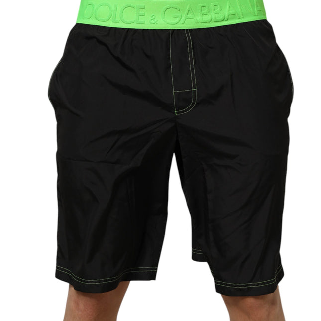 Dolce & Gabbana Black Green Logo Waistband Beachwear Short Swimwear