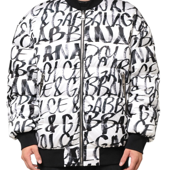 Dolce & Gabbana White Black Graffiti Logo Puffer Bomber Jacket