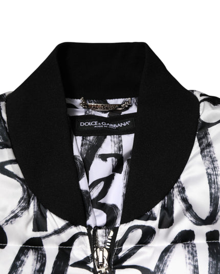 Dolce & Gabbana White Black Graffiti Logo Puffer Bomber Jacket