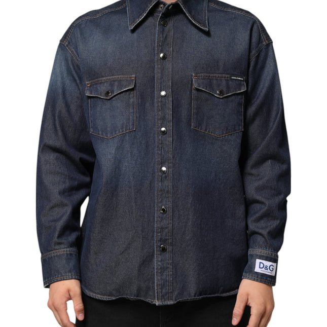Dolce & Gabbana Blue Denim Button Casual Logo Patch Men Shirt
