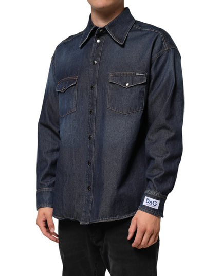 Dolce & Gabbana Blue Denim Button Casual Logo Patch Men Shirt
