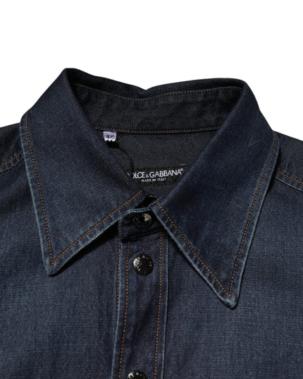 Dolce & Gabbana Blue Denim Button Casual Logo Patch Men Shirt