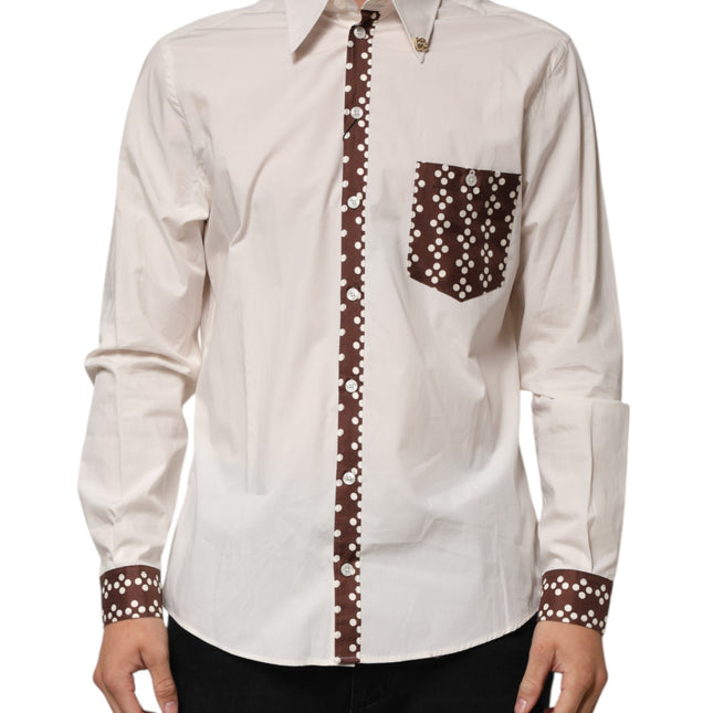 Dolce & Gabbana Cream White Cotton Polka Dot Slim Fit Shirt